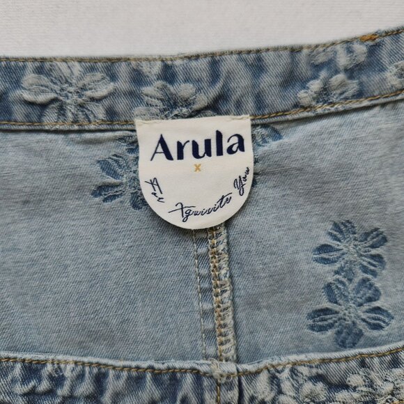 Arula Floral Embroidered Denim Skirtall Overall Apron Dress Summer Cottage Boho - Picture 4 of 10